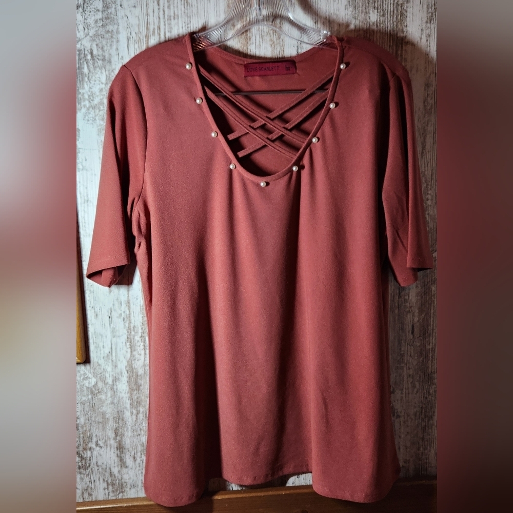 Elegant Rose Blouse with Crisscross and Pearl Accents